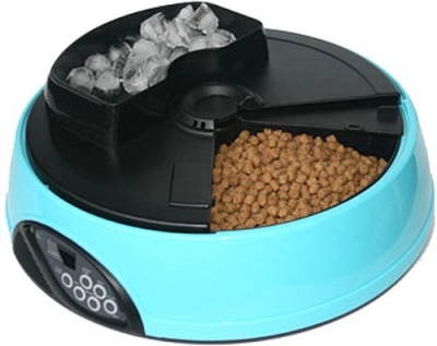 Feed ex Автоматическая кормушка для кошек и собак с емкостью для льда или воды с ЖК дисплеем для любого вида корма на 4 кормления. цвет голубой