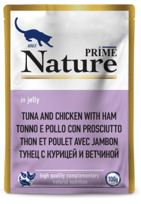 Prime Nature Пауч для взрослых кошек, тунец с курицей и ветчиной в желе 100гр