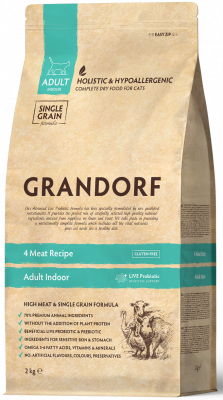 Grandorf Cat 4 Meat Prebiotic Indoor Сухой корм для домашних кошек, 4 мяса и пребиотики