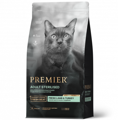 Premier Cat Lamb & Turkey Sterilised Сухой корм для стерилизованных кошек, Свежее мясо ягненка с индейкой