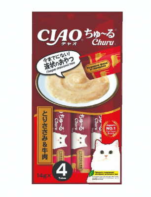Inaba Ciao Churu пюре для кошек, куриное филе и говядина, 14г*4