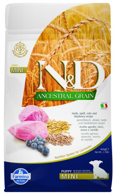 Farmina N&D Ancestral Grain, низкозерновой сухой корм для щенков мелких пород,  ягненок и черника 
