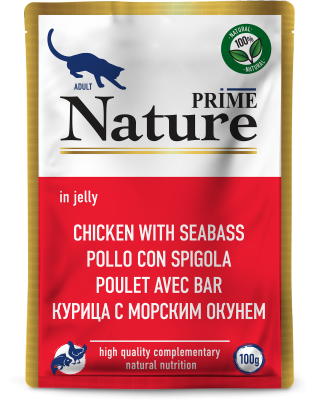 Prime Nature Пауч для взрослых кошек, курица с морским окунем в желе 100гр