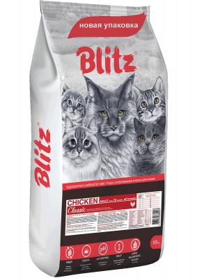 Уценка: Blitz Adult Classic Cats сухой корм для взрослых кошек с курицей 10кг (Повреждена упаковка)