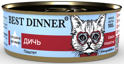 Best Dinner Exclusive Vet Profi Gastro Intestinal ветеринарная диета при расстройстве желудка, консервы для кошек, дичь