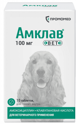 Амклав Вет 100 мг антибактериальный препарат для кошек и собак, 10 таб.