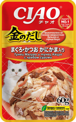 Inaba Ciao Kinnodashi Влажный корм для кошек, тунец магуро и тунец кацуо с крабом сурими в желе