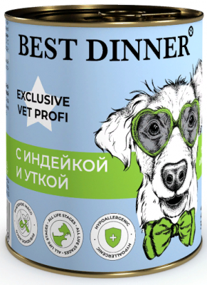 Best Dinner Exclusive Vet Profi Hypoallergenic ветеринарная диета при пищевой аллергии, консервы для собак, индейка, утка