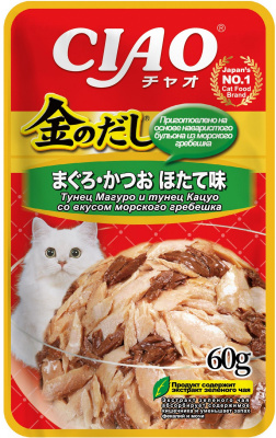 Inaba Ciao Kinnodashi Влажный корм для кошек, тунец магуро и тунец кацуо со вкусом морского гребешка в желе