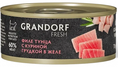 Grandorf Fresh Cat Adult Консервы для кошек филе тунца с куриной грудкой в желе, 70г