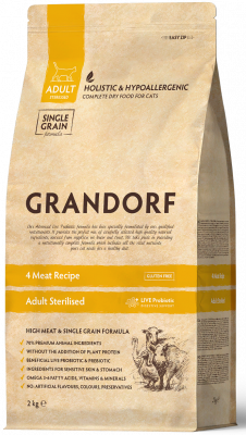 Grandorf Cat 4 Meat Prebiotic Sterilised Сухой корм c пребиотиками для кошек, 4 мяса